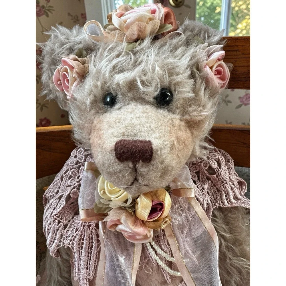 Vintage Plush Teddy Bear Doll W/Lace Dress & Floral Detail Cottagecore Aesthetic